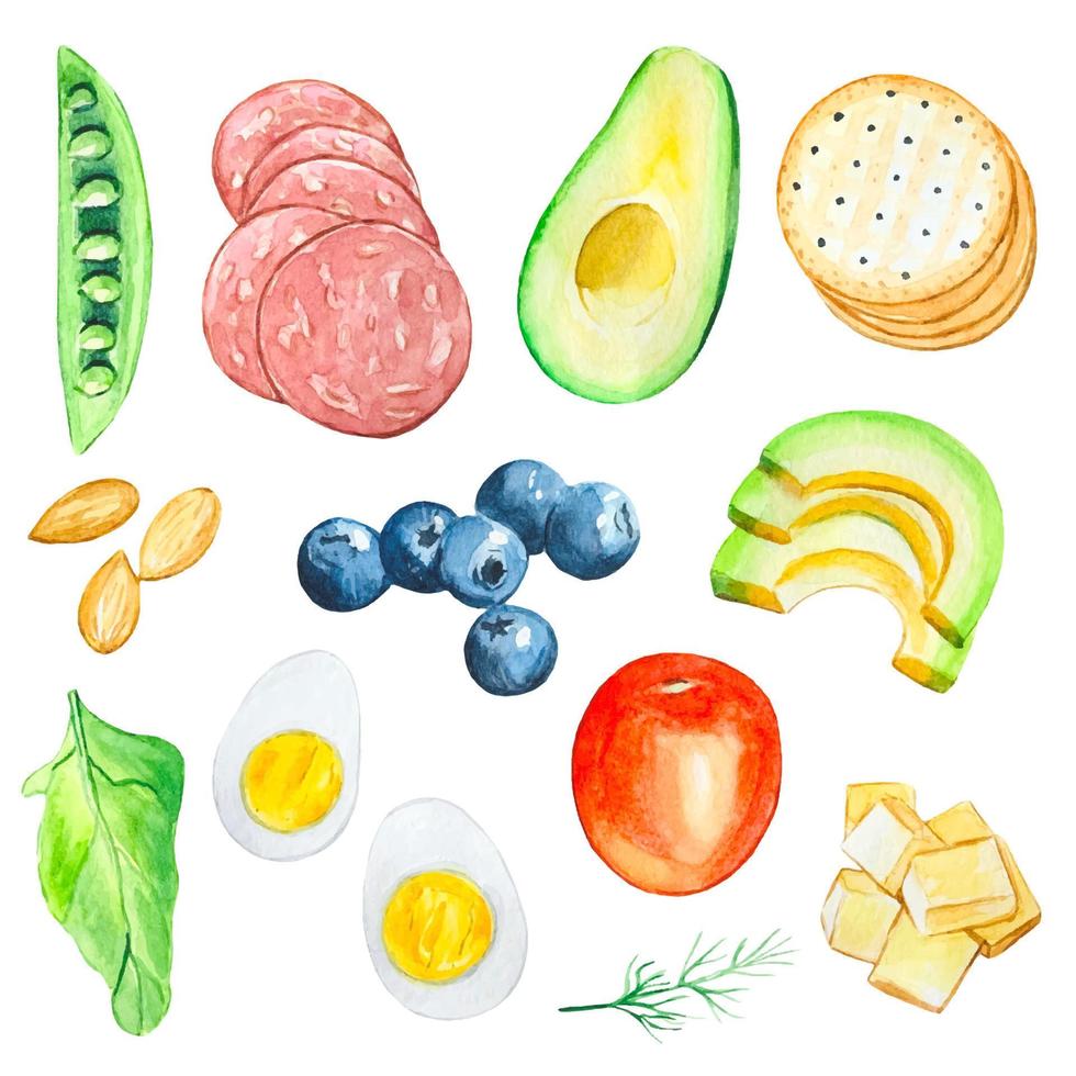 ingredientes do café da manhã, ilustração de comida em aquarela vetor