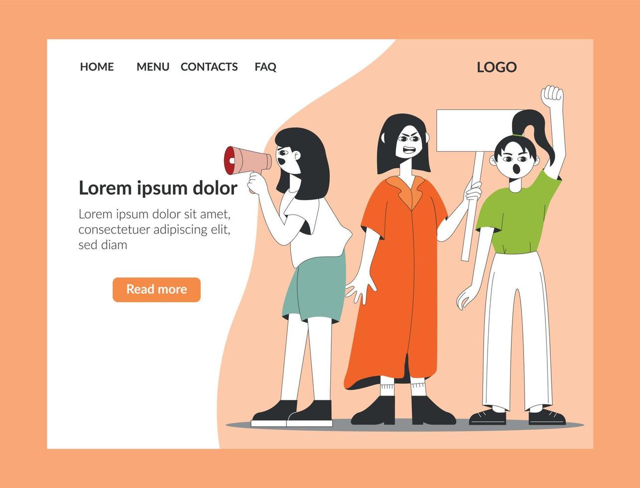 conjunto de kit de interface de usuário de telas de integração, conceito de modelos de aplicativo móvel com mulher protestando. ux moderno, tela de interface do usuário para site móvel ou responsivo. vetor