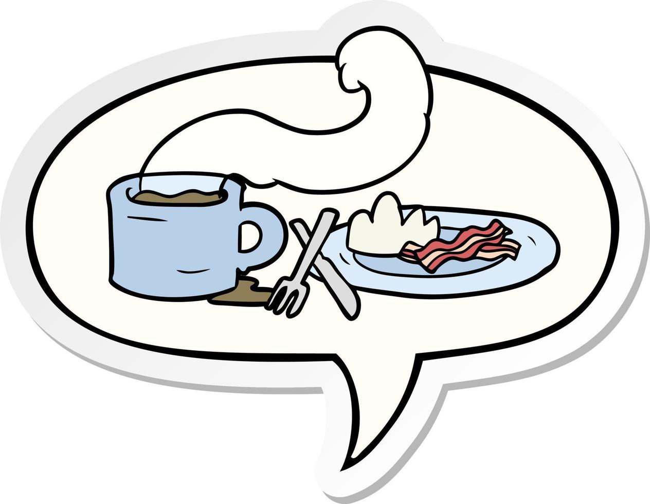 café da manhã dos desenhos animados de café e bacon e adesivo de bolha de fala vetor
