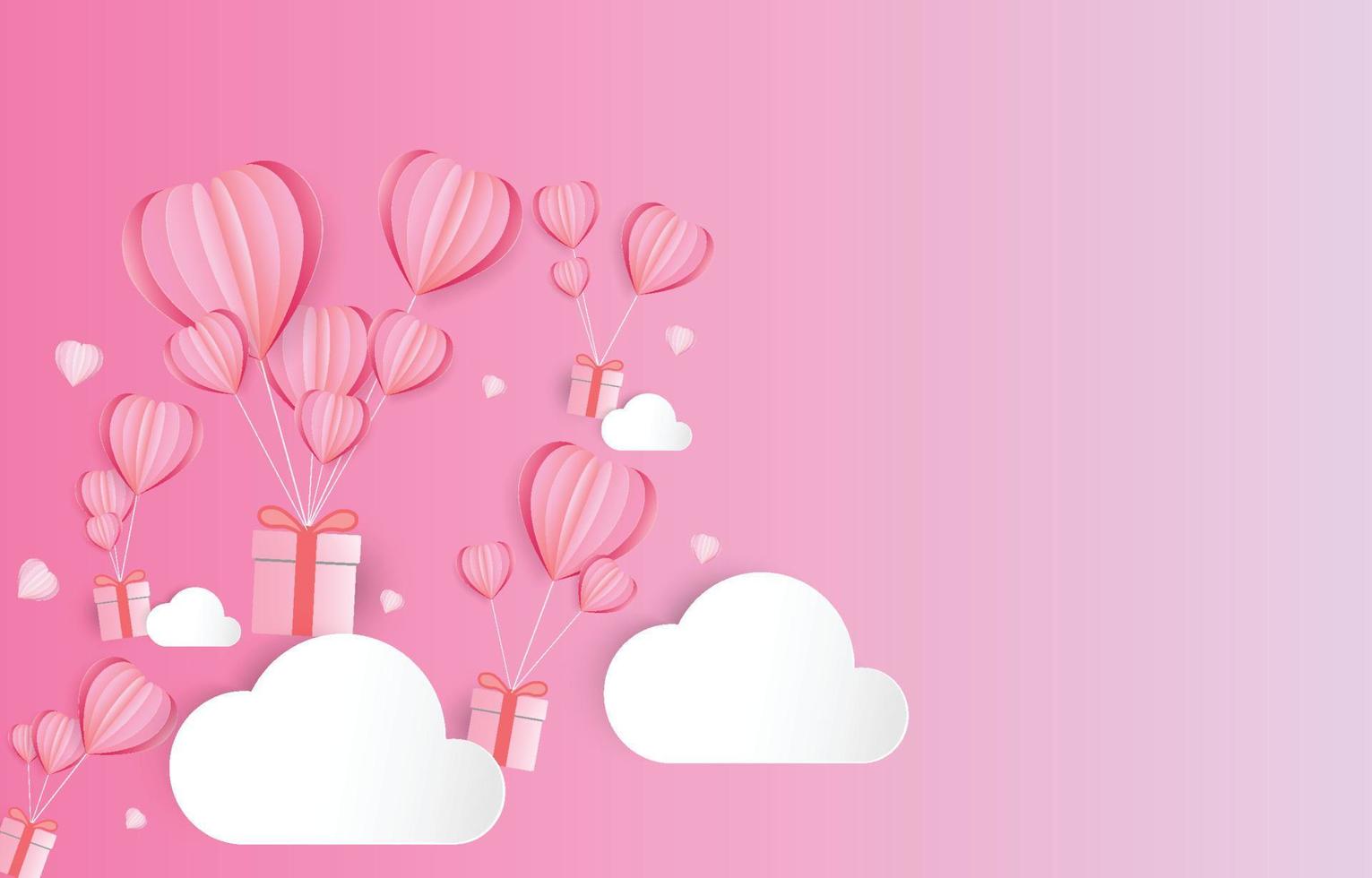 balões de coração e caixas de presente entre as nuvens, plano de fundo dia dos namorados, banner de amor. estilo de corte de papel, ilustração vetorial vetor