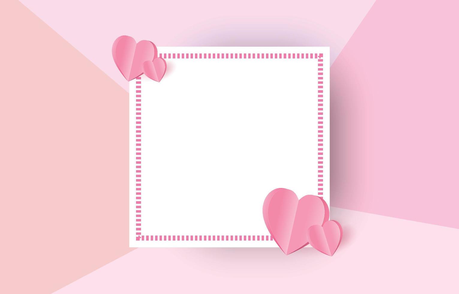 elementos de corte de papel em forma de coração na moldura retangular tem espaço livre e fundo rosa doce. símbolos vetoriais de amor para feliz dia dos namorados, design de cartão de aniversário. vetor
