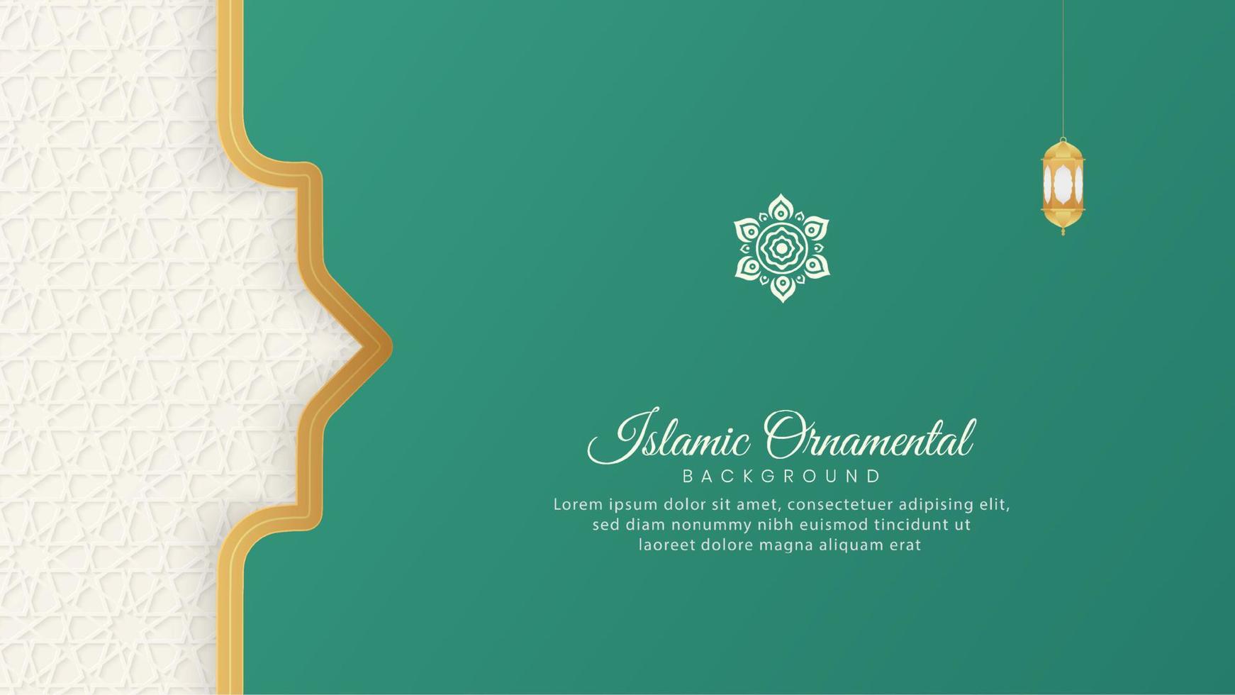 fundo de luxo árabe islâmico verde e branco com padrão geométrico e belo ornamento com lanternas vetor