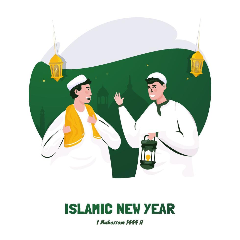 design plano dois muçulmanos para celebração do ano novo islâmico vetor