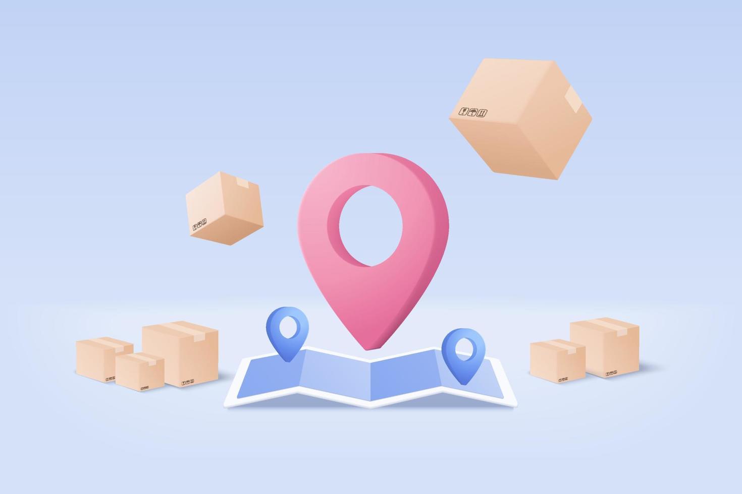 Serviço de entrega on-line 3d, localização de rastreamento de entrega, marcador de ponto de localização de pino do mapa para o conceito de envio. embalagem de envio do produto para fora do mapa. ilustração de renderização de vetor 3d ícone logístico