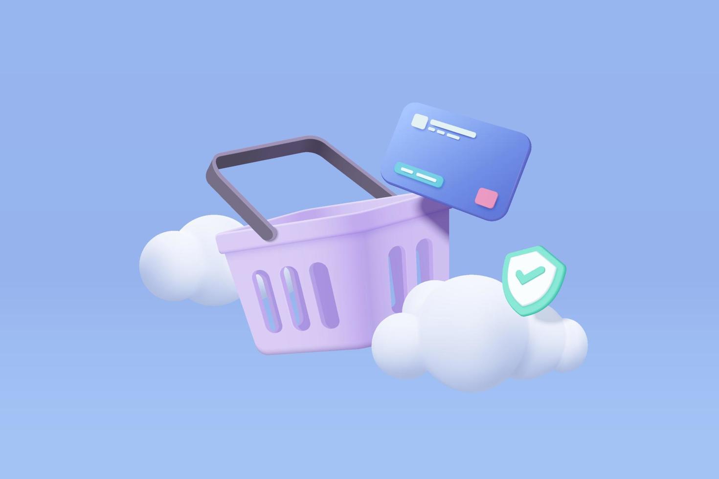 Saco de compras 3D para compras on-line e conceito seguro de cartão de crédito. ícone de cesta com sombras no fundo da nuvem do céu azul. sacola de compras para compra, venda, desconto, promoção. ilustração de ícone de vetor 3D