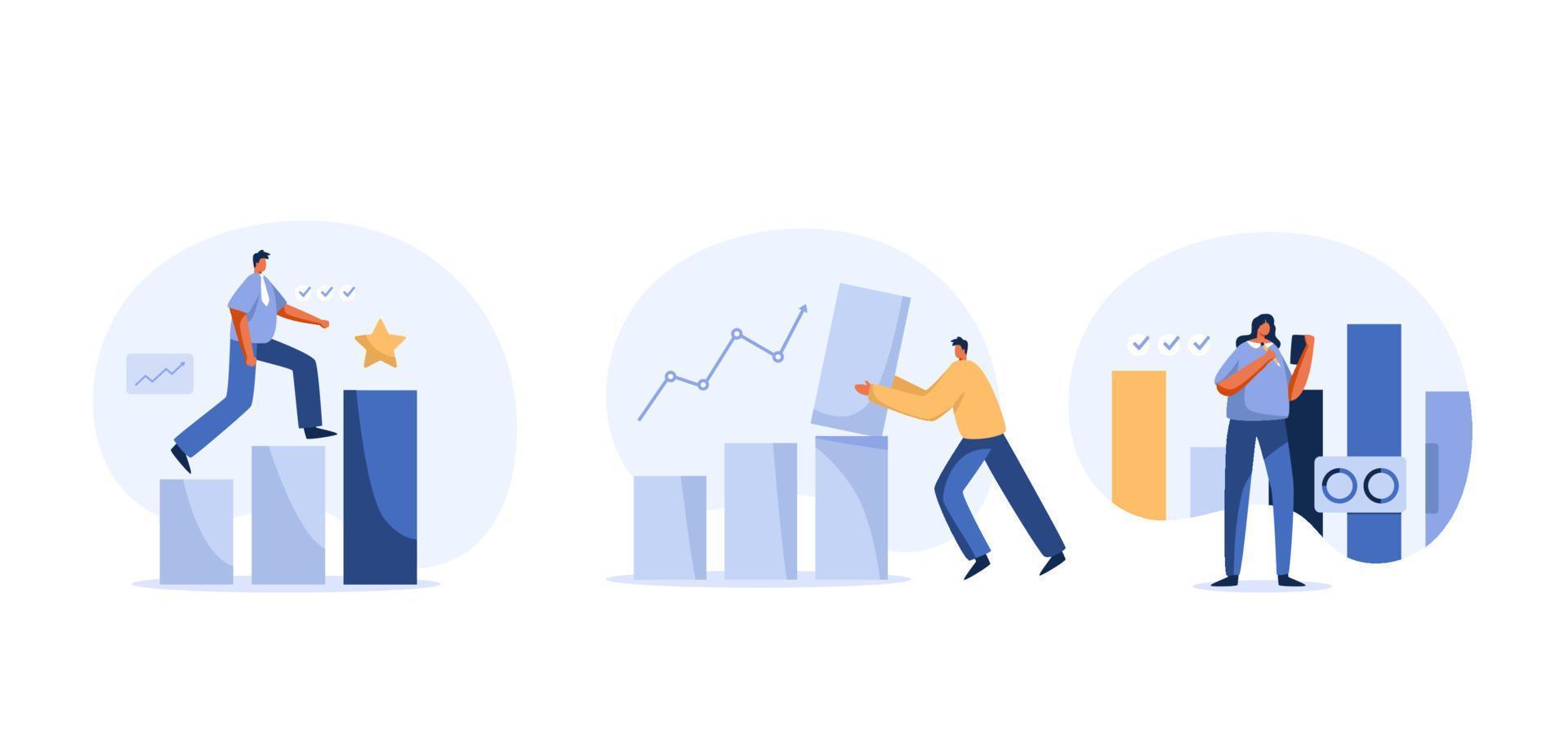 gráficos de negócios e banco de dados de pesquisa. o crescimento do negócio. conceito de pessoa minúscula de previsão de lucro da empresa financeira. o negócio. conjunto de grupos de caracteres de pessoas e fundo do gráfico de barras. vetor