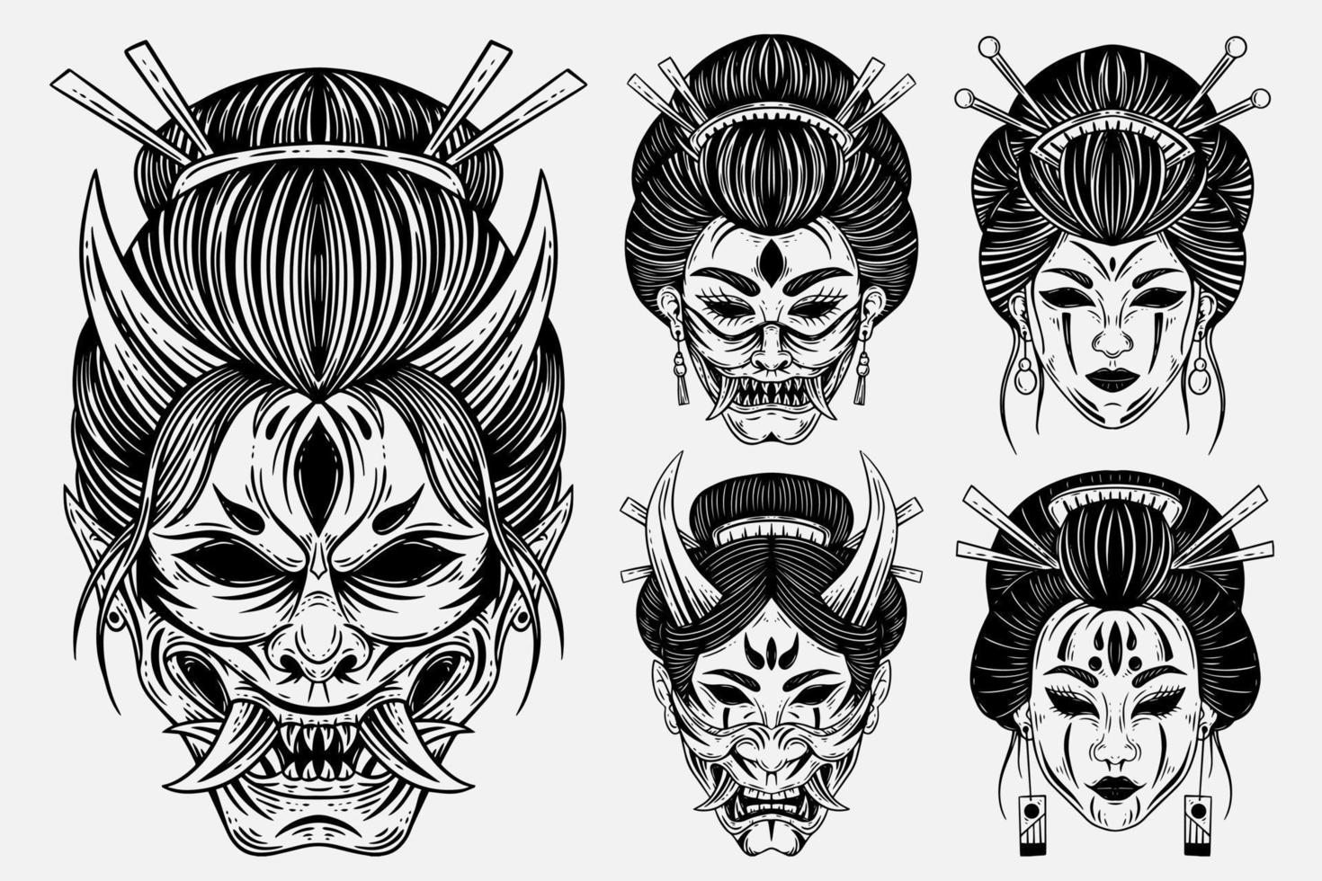 conjunto conjunto de arte escura horror gueixa japonesa com máscara de diabo tatuagem de rosto desenhado à mão estilo de gravura vetor