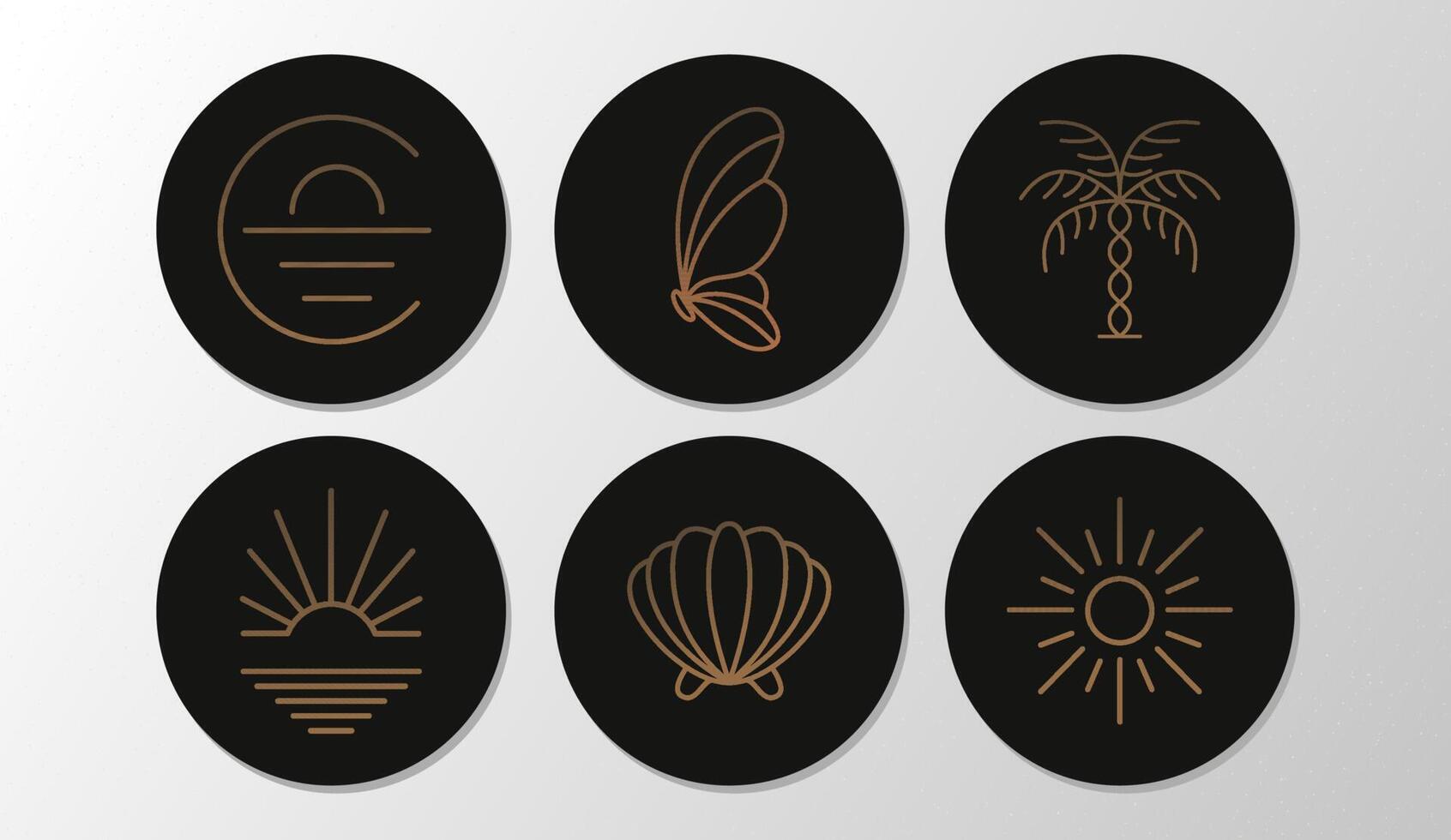 emblemas de verão com conchas, sol e palmeira em círculos. conjunto de ícones e emblemas para capas de notícias de mídia social. modelos de design para estúdio de ioga, turismo, salões de beleza vetor