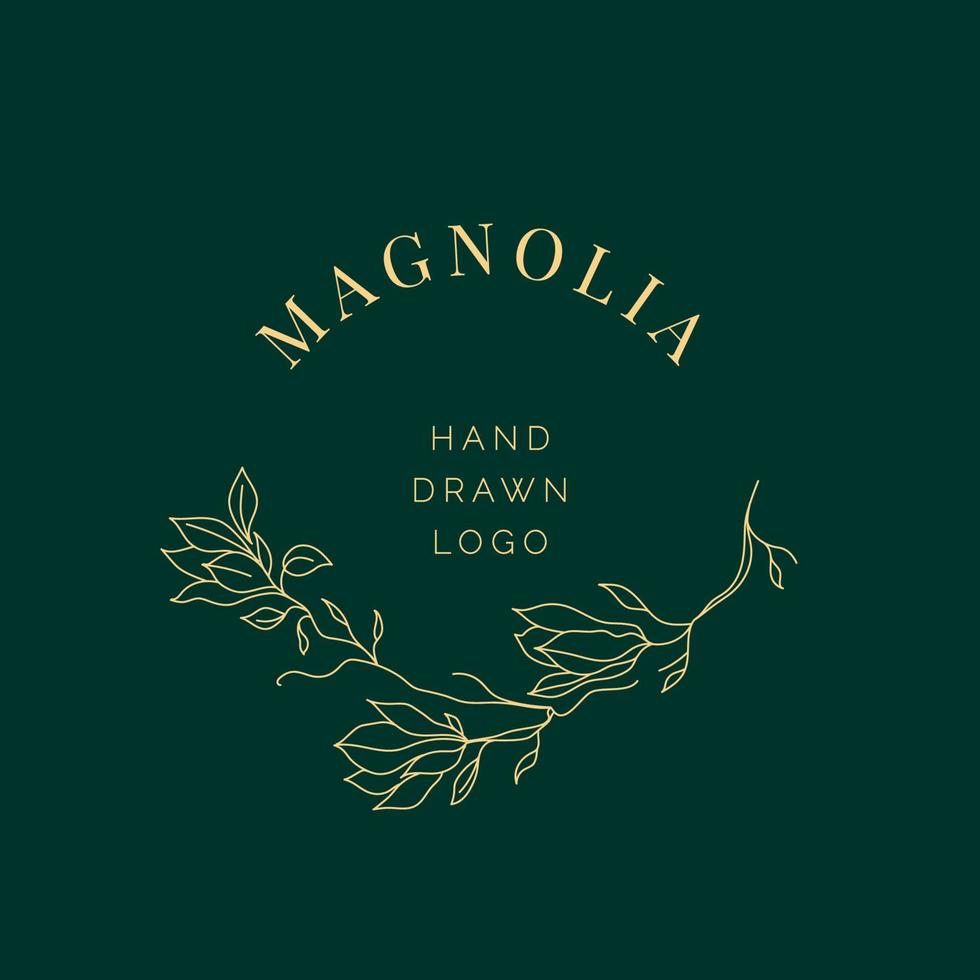 ilustração de logotipo de flor de magnólia simples para imóveis. emblema floral botânico com tipografia em fundo cinza vetor
