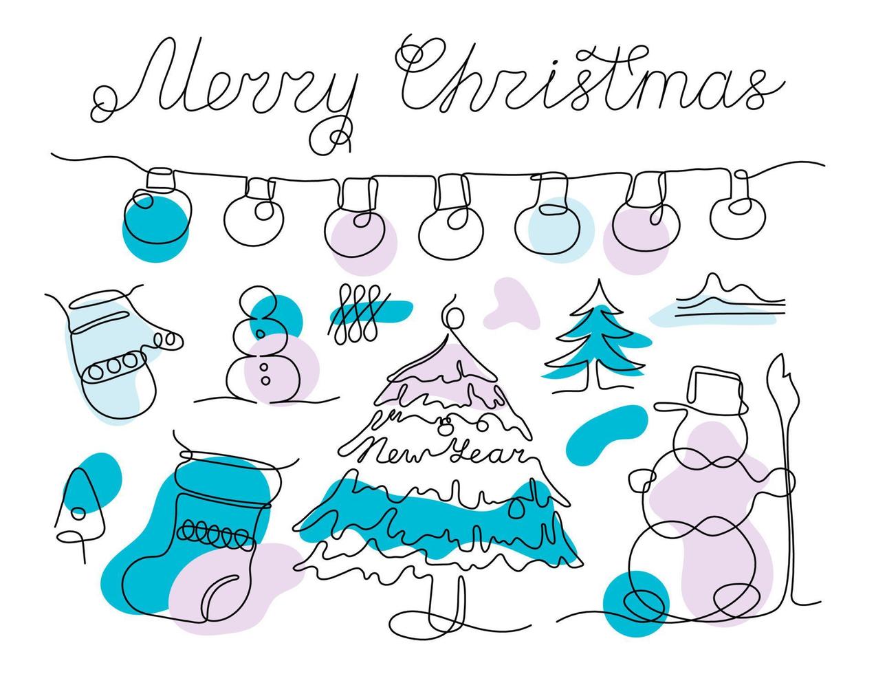 ilustração de doodle de natal de linha única. desenho de contorno de um veado, boneco de neve, inverno, arte vetorial. vetor