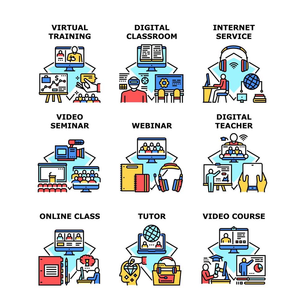 ilustrações vetoriais de ícones de conjunto de treinamento virtual vetor