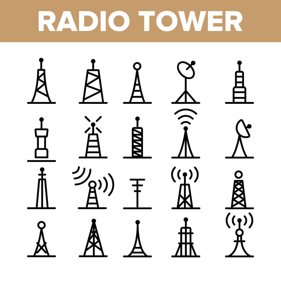 conjunto de ícones lineares de vetor de torres e mastros de rádio