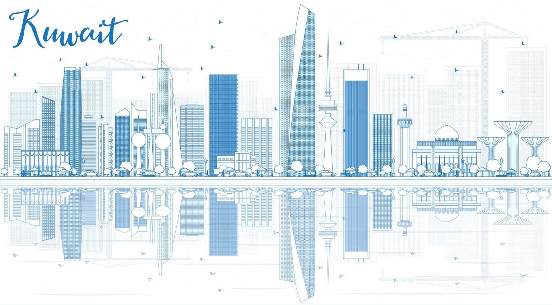 delinear o horizonte da cidade do kuwait com edifícios azuis e reflexões. vetor