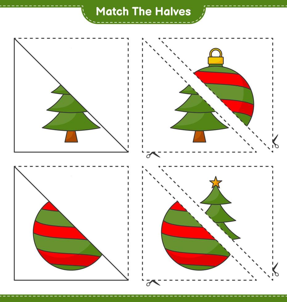 combinar as metades. combine as metades da árvore de natal e a bola de natal. jogo educativo para crianças, planilha para impressão, ilustração vetorial vetor