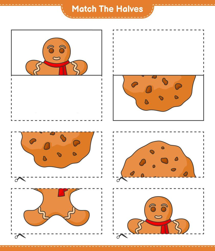 combinar as metades. combine as metades do homem de gengibre e biscoitos. jogo educativo para crianças, planilha para impressão, ilustração vetorial vetor