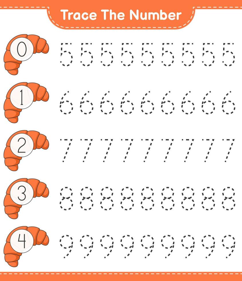 rastrear o número. número de rastreamento com croissant. jogo educativo para crianças, planilha para impressão, ilustração vetorial vetor