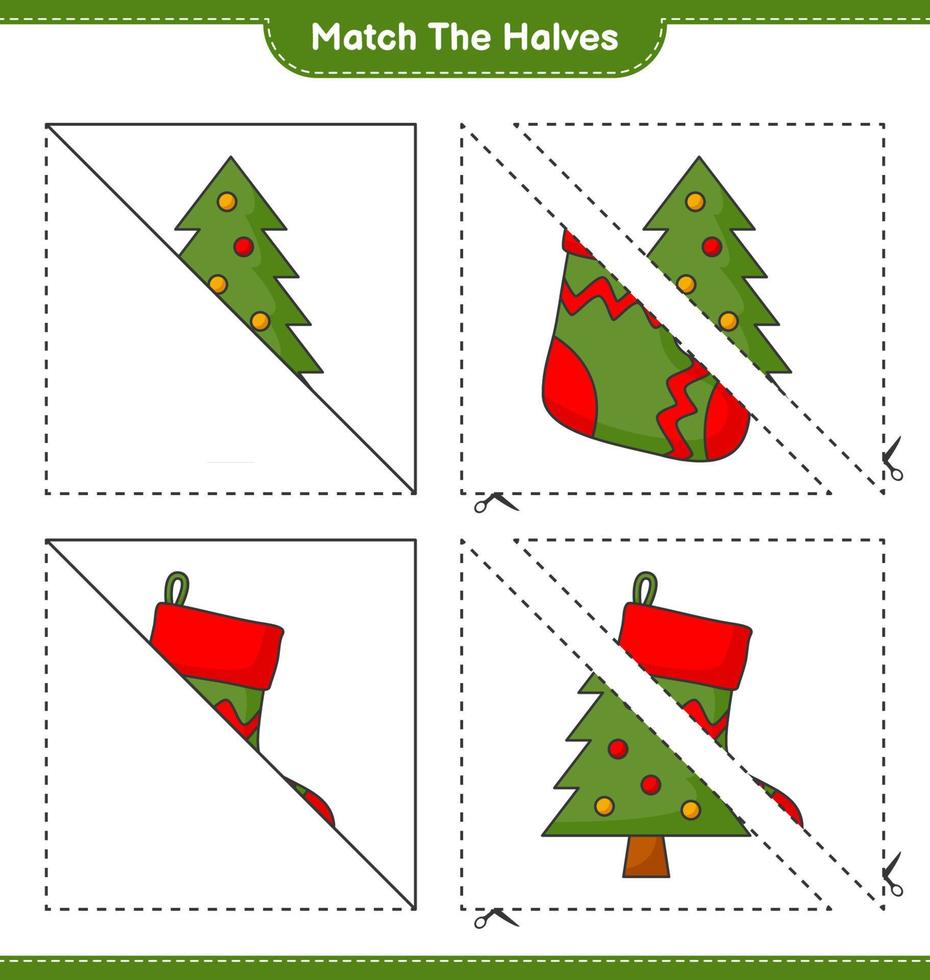 combinar as metades. combine as metades da meia de natal e da árvore de natal. jogo educativo para crianças, planilha para impressão, ilustração vetorial vetor