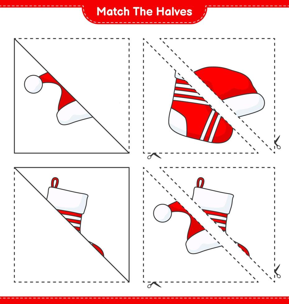 combinar as metades. combine as metades do chapéu de Papai Noel e a meia de Natal. jogo educativo para crianças, planilha para impressão, ilustração vetorial vetor