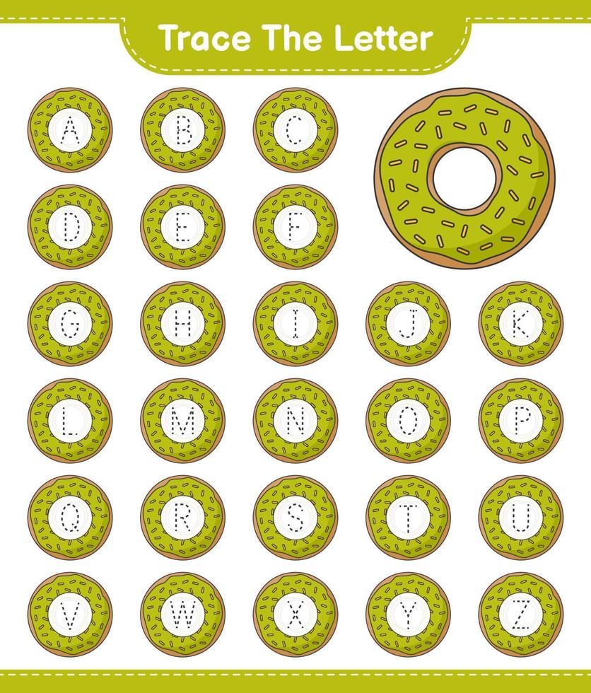 rastrear a carta. traçando o alfabeto de letras com donut. jogo educativo para crianças, planilha para impressão, ilustração vetorial vetor