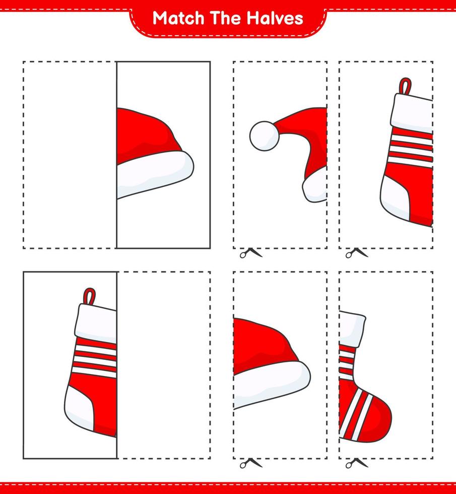 combinar as metades. combine as metades do chapéu de Papai Noel e a meia de Natal. jogo educativo para crianças, planilha para impressão, ilustração vetorial vetor