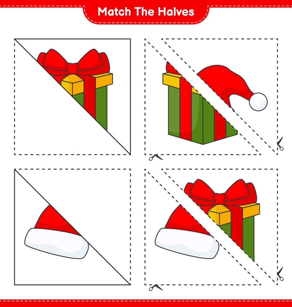 combinar as metades. combine as metades do chapéu de Papai Noel e da caixa de presente. jogo educativo para crianças, planilha para impressão, ilustração vetorial vetor