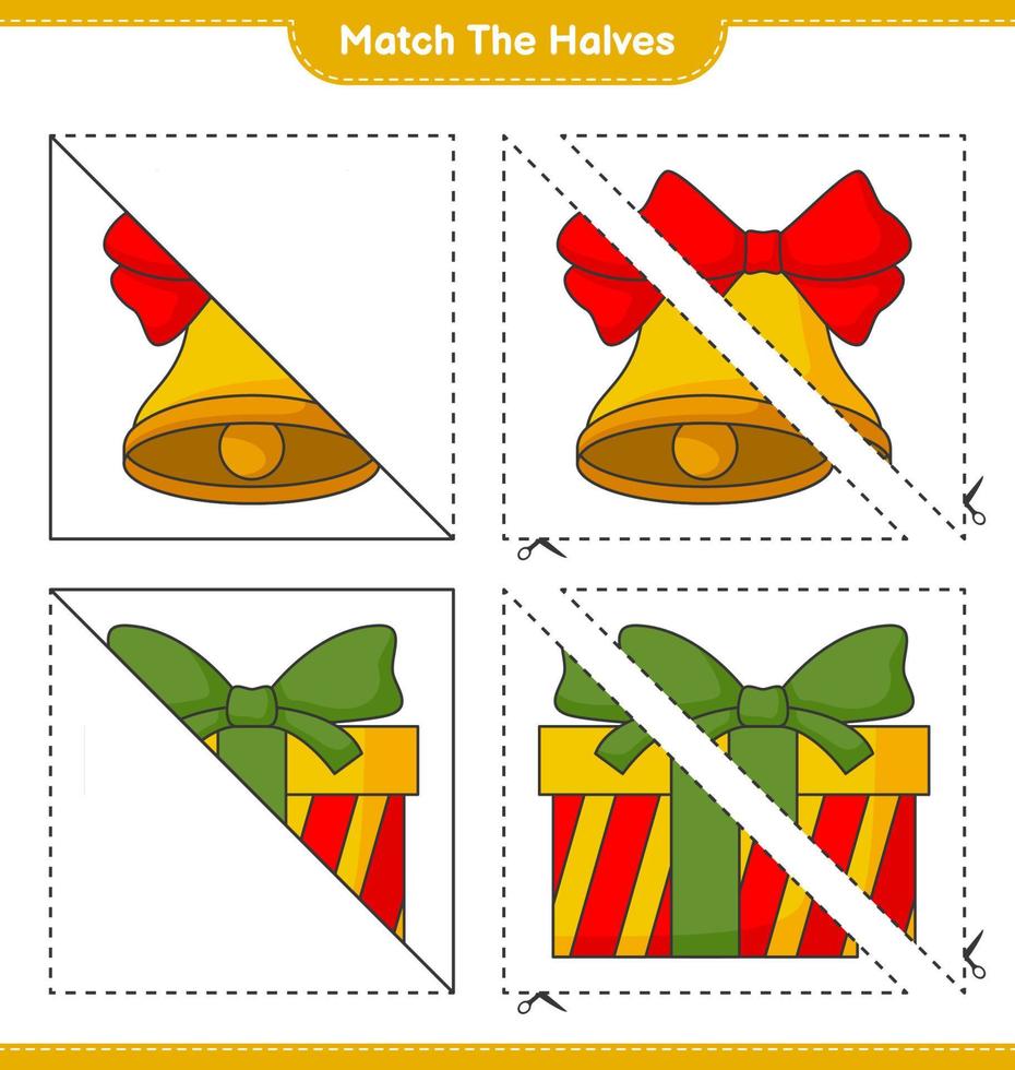 combinar as metades. combine metades do sino de natal e da caixa de presente. jogo educativo para crianças, planilha para impressão, ilustração vetorial vetor