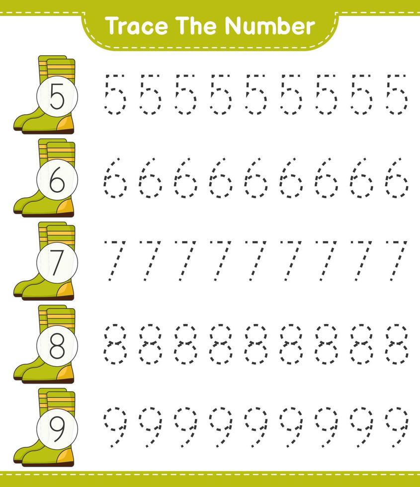 rastrear o número. número de rastreamento com botas de borracha. jogo educativo para crianças, planilha para impressão, ilustração vetorial vetor