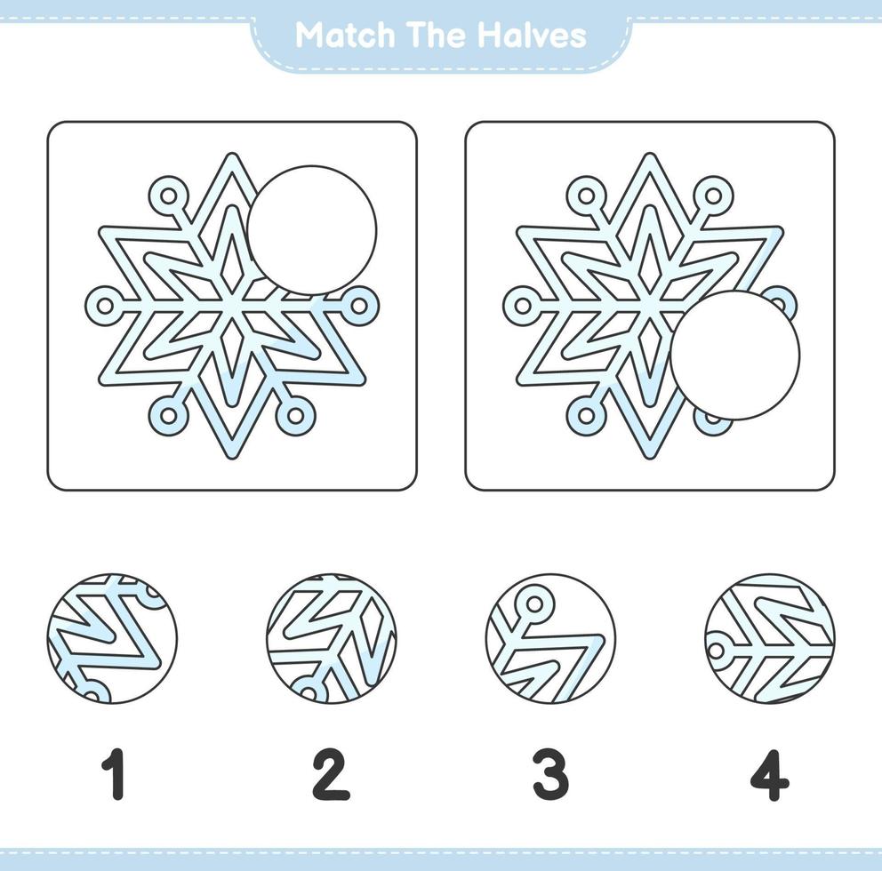 combinar as metades. combinar metades do floco de neve. jogo educativo para crianças, planilha para impressão, ilustração vetorial vetor