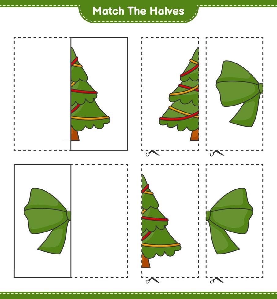 combinar as metades. combine as metades da fita e a árvore de natal. jogo educativo para crianças, planilha para impressão, ilustração vetorial vetor