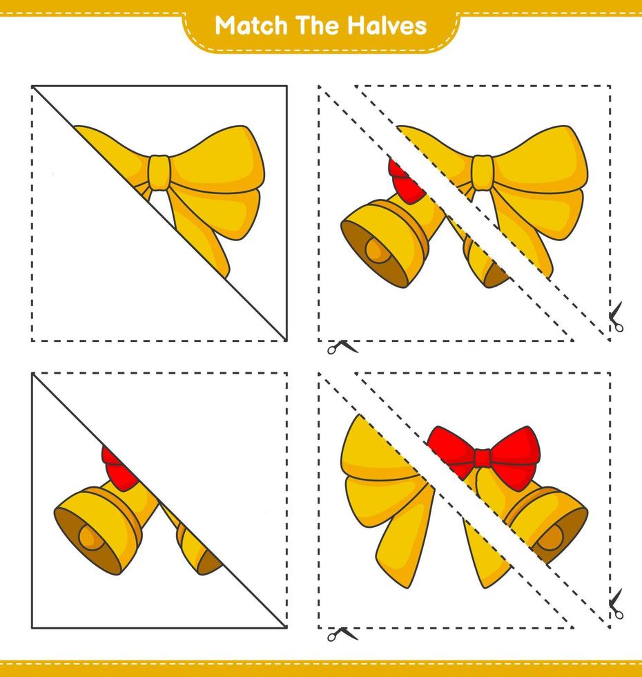 combinar as metades. combine as metades da fita e o sino de natal. jogo educativo para crianças, planilha para impressão, ilustração vetorial vetor