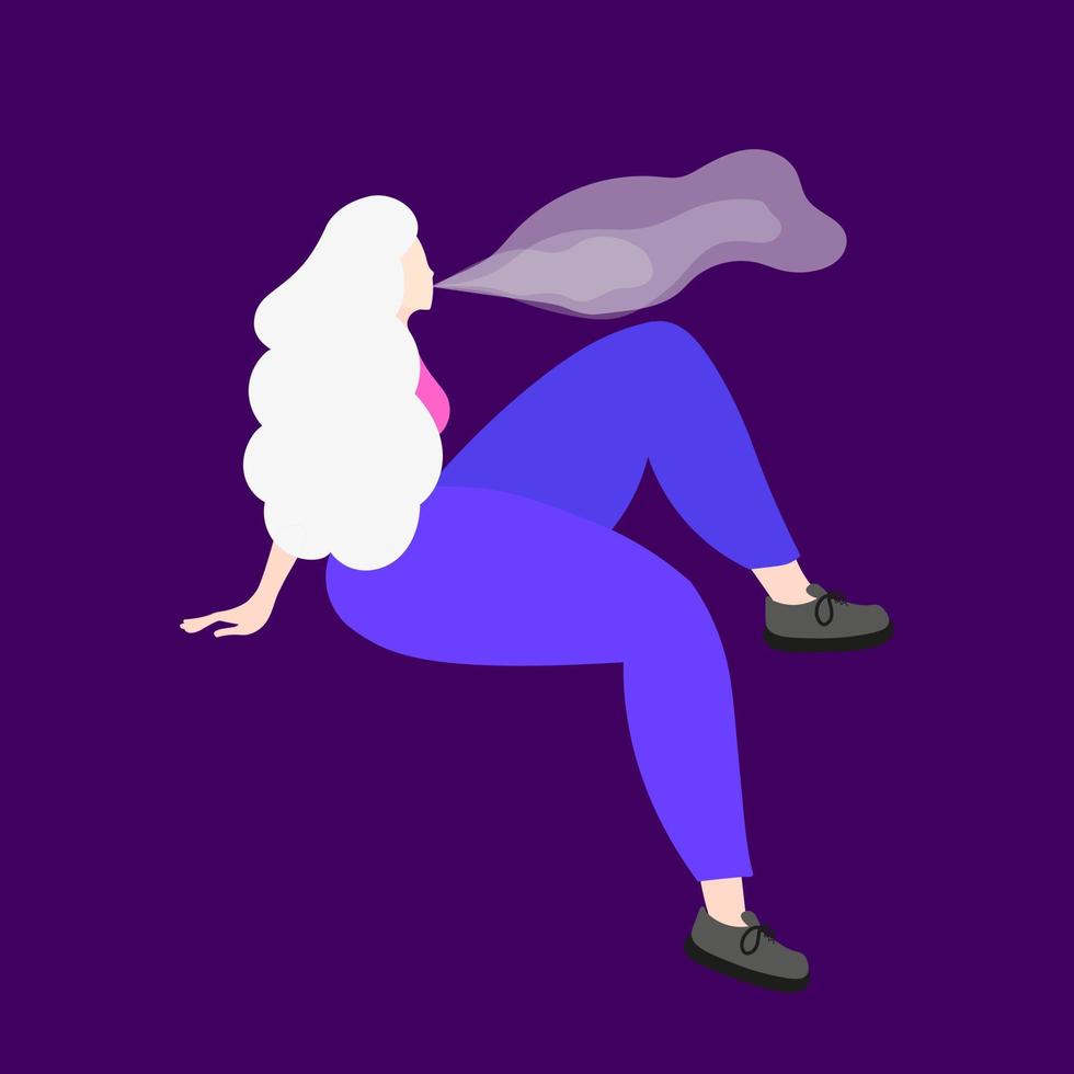 uma garota de cabelos brancos está sentada de lado e fumando um cigarro eletrônico, pairando. ilustração vetorial plana em um fundo roxo vetor