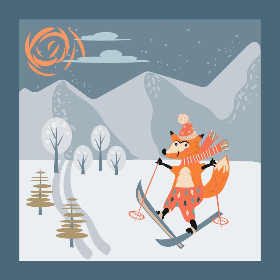 personagem de desenho animado de raposa fofa esquiando nas montanhas, ilustração vetorial plana no fundo da paisagem de inverno. cartão de natal ou modelo de festa de ano novo. vetor