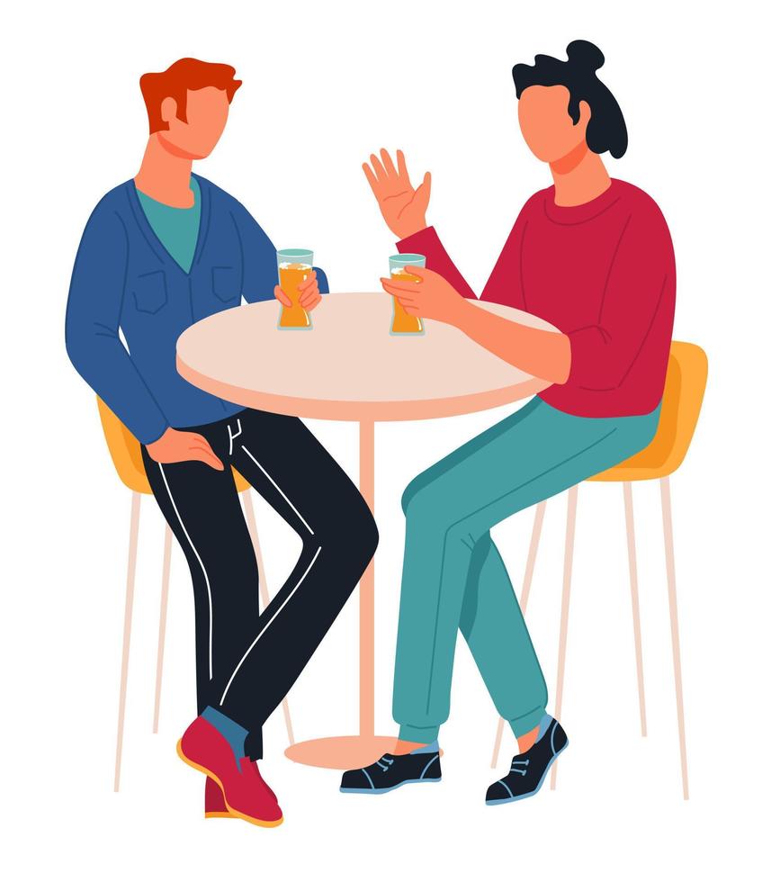 dois amigos bebem cerveja sentados à mesa do café. pessoas no bar ou pub bebem cerveja, ilustração vetorial plana isolada no fundo branco. vetor