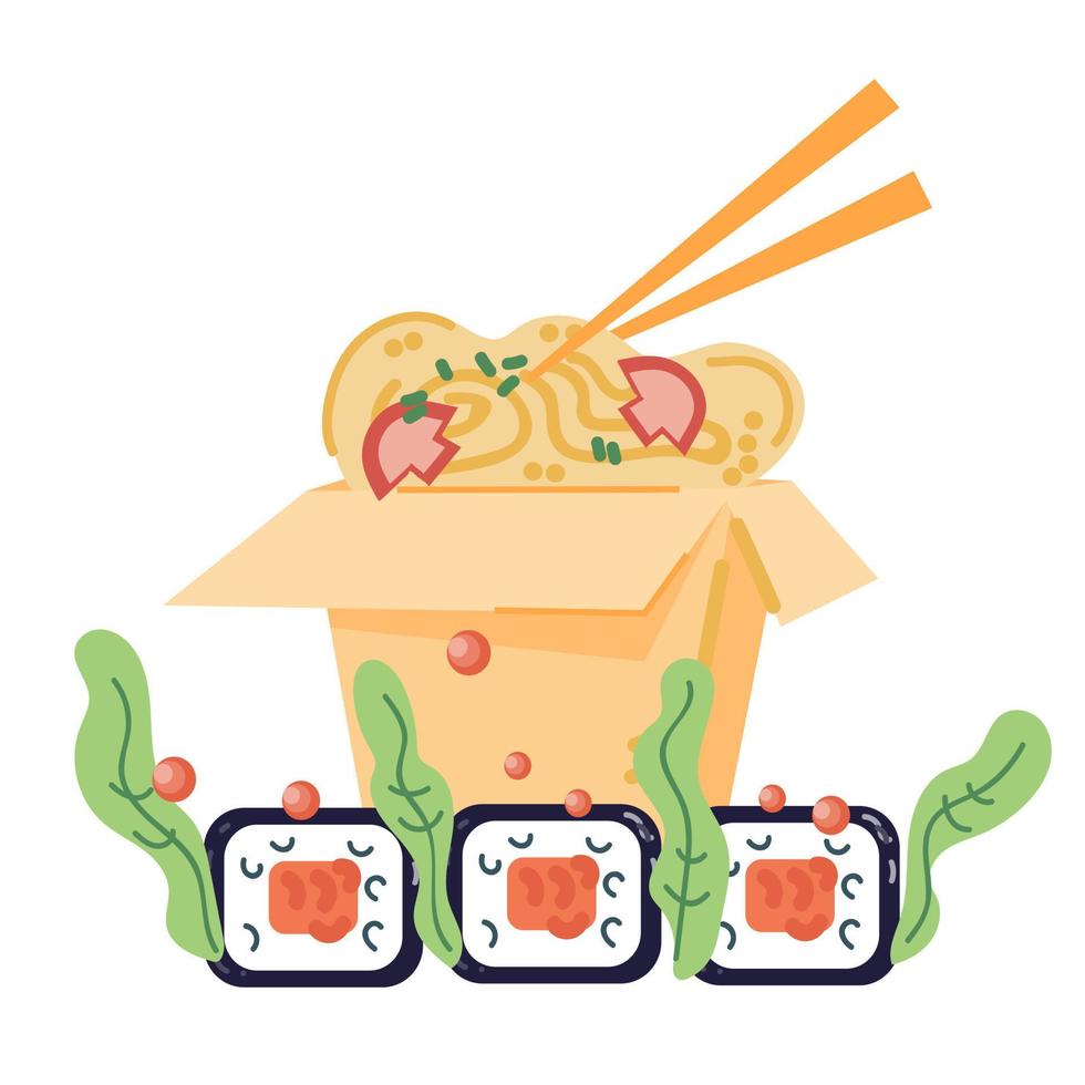 ícone de restaurante de cozinha japonesa para cartão de menu ou elemento de logotipo com sushi e macarrão na caixa, ilustração vetorial plana isolada. símbolo de entrega de café take-away asiático. vetor