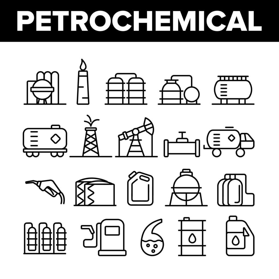 conjunto de ícones de linha fina de vetor da indústria petroquímica