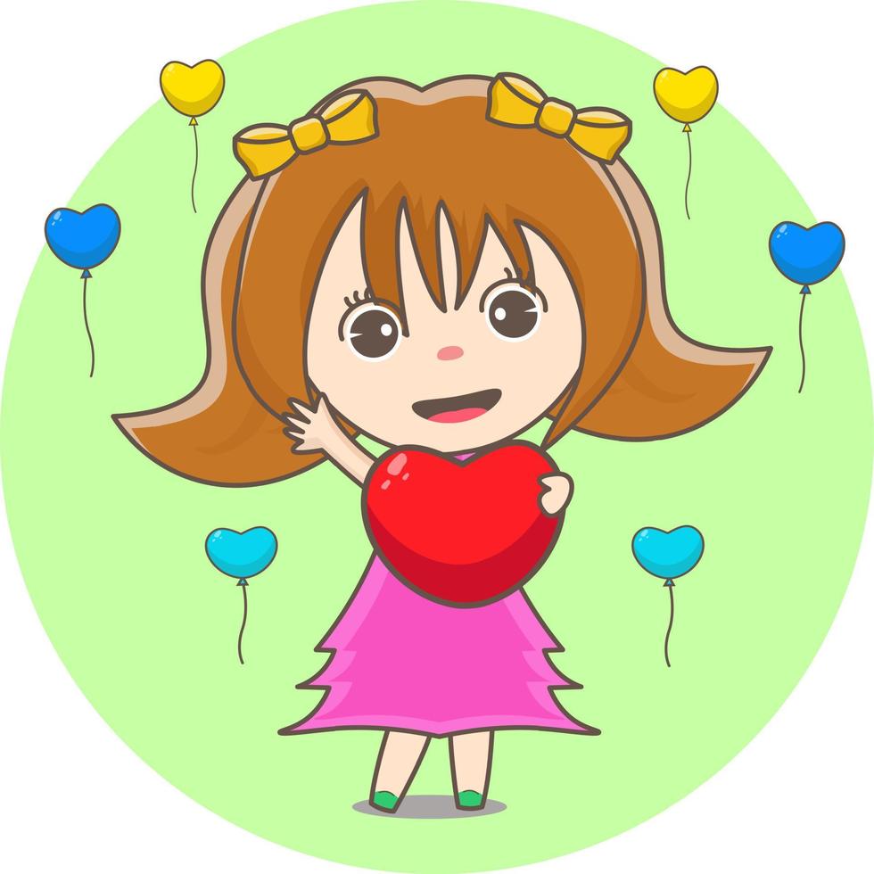 uma linda garota segura o ícone do coração com alguns balões ao seu redor, ilustração, vetor