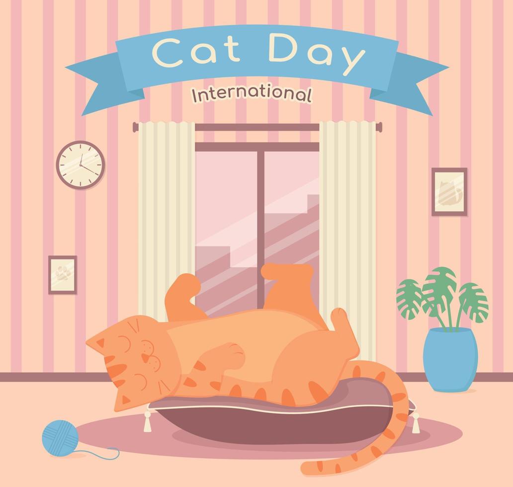 cartão de dia do gato. parabéns pelo dia do gato. é comemorado em 8 de agosto. gato dos desenhos animados. ilustração vetorial vetor