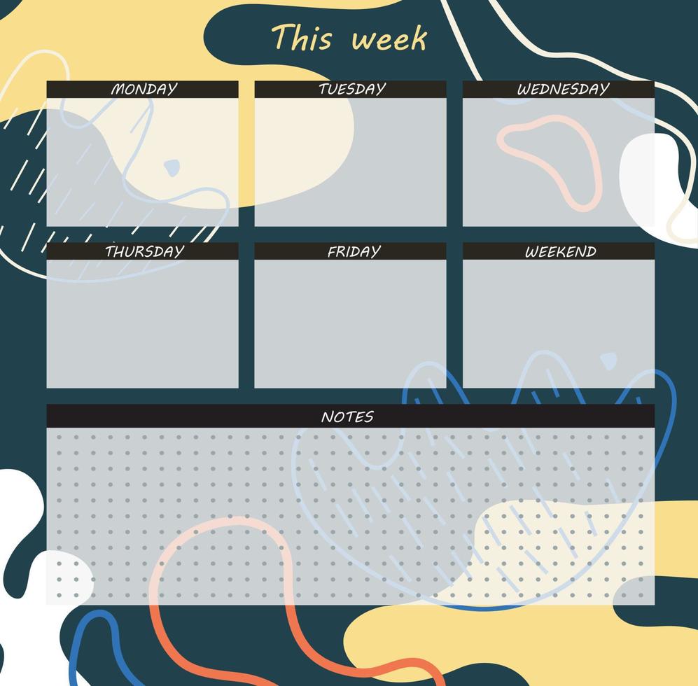 modelo de planejador semanal. um planejador para organização de semana de tempo com fundo abstrato. vetor