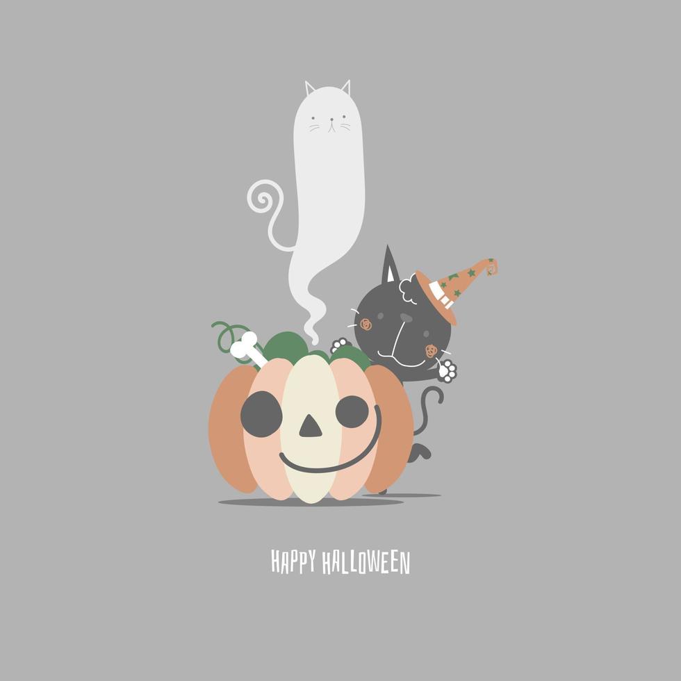 feliz festival de férias de halloween com gato e abóbora, design de personagem de desenho animado de ilustração vetorial plana vetor