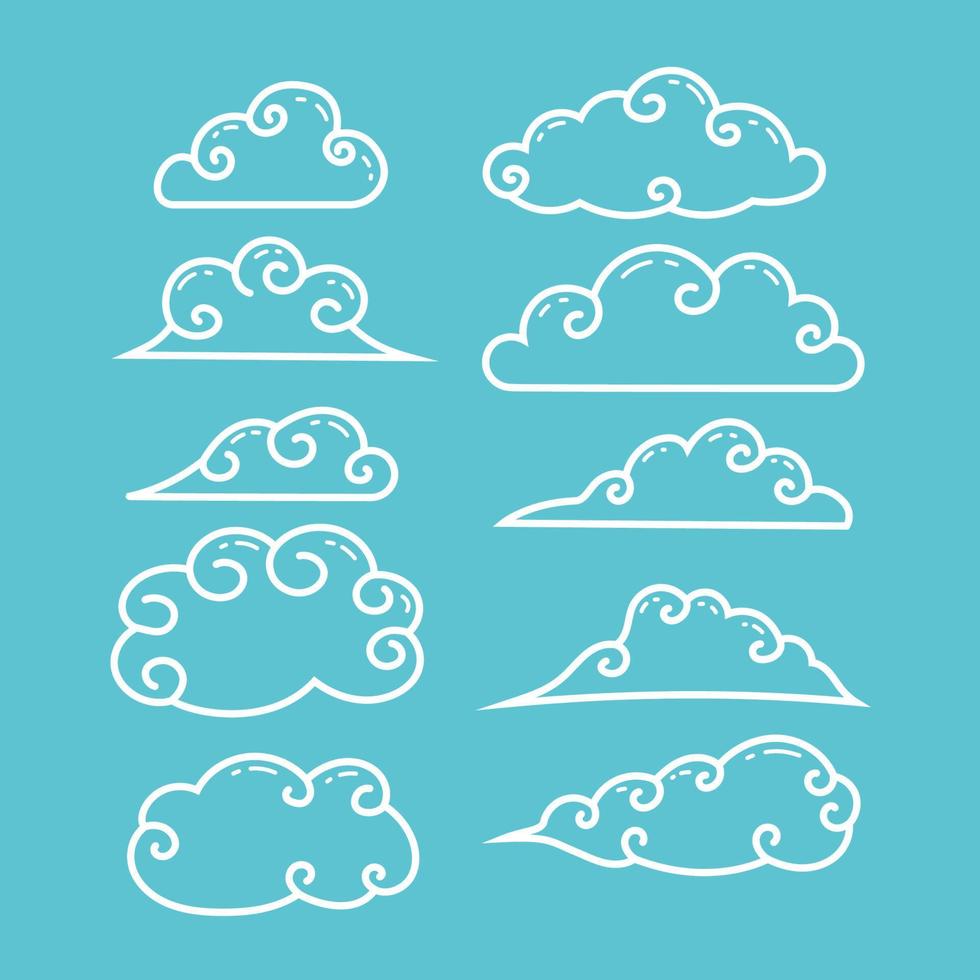conjunto de coleção de ilustração de contorno de nuvem encaracolada de desenho animado chinês tradicional bonito ou japonês vetor