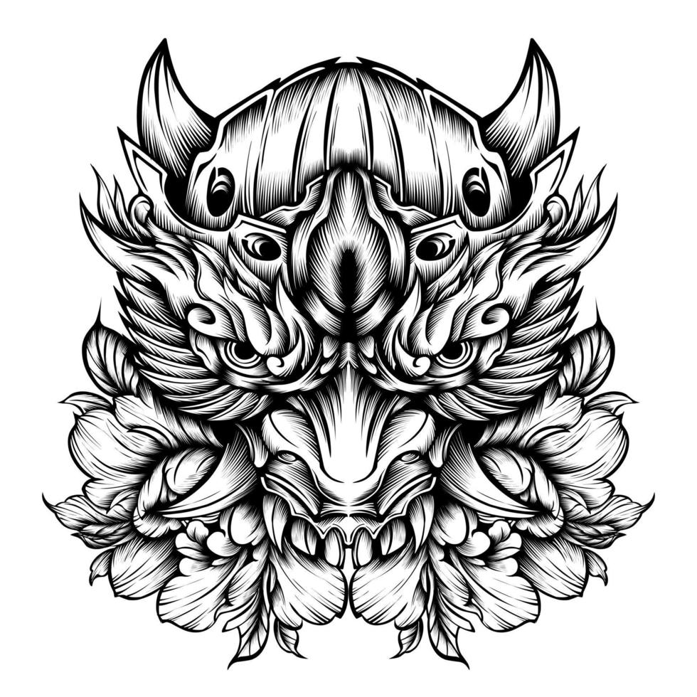 tatuagem de máscara oni com ilustração tribal de desenho vetorial de flores vetor