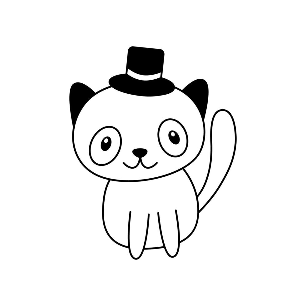 gato de desenho animado doodle senta-se com chapéu de mágico na cabeça esboço de esboço de clipart de gatinho festivo infantil vetor