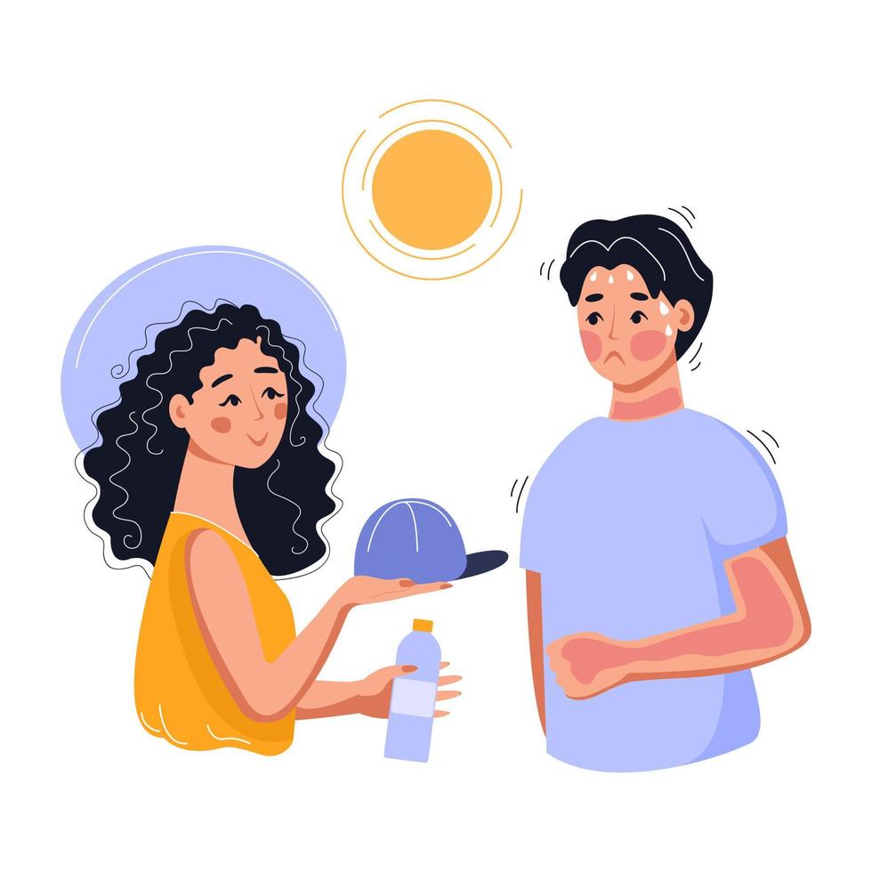 humano tem insolação. desidratação, superaquecimento do sol, conceito de verão quente. pele vermelha, dor de cabeça, sintomas de transpiração. ilustração em vetor plana.