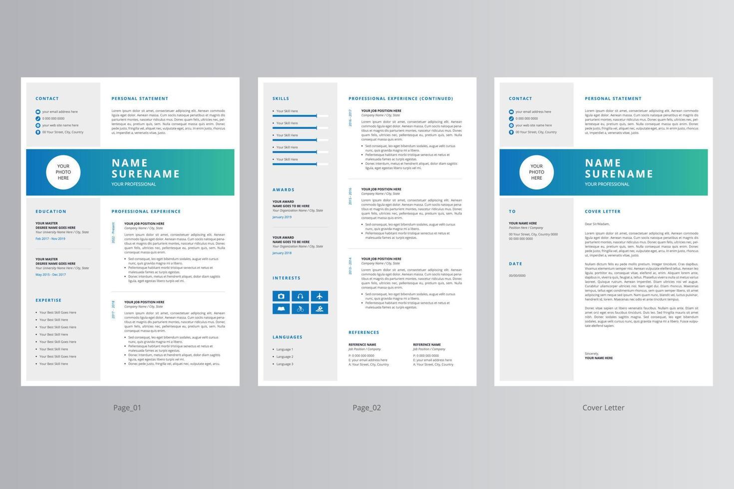 currículo profissional ou cv e modelo de carta de apresentação. vetor profissional