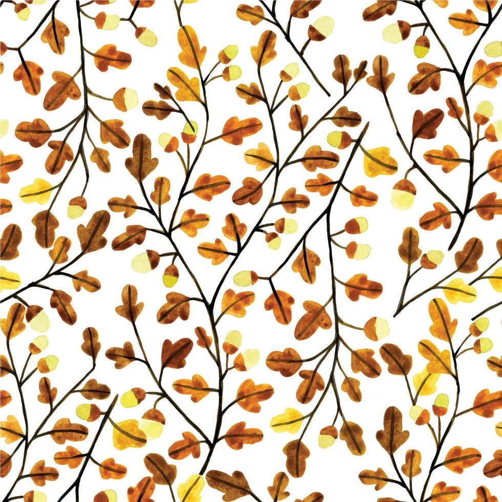 padrão sem emenda em aquarela sobre o tema do outono. folhas e galhos de carvalho, bolotas. impressão simples em um fundo branco. vetor
