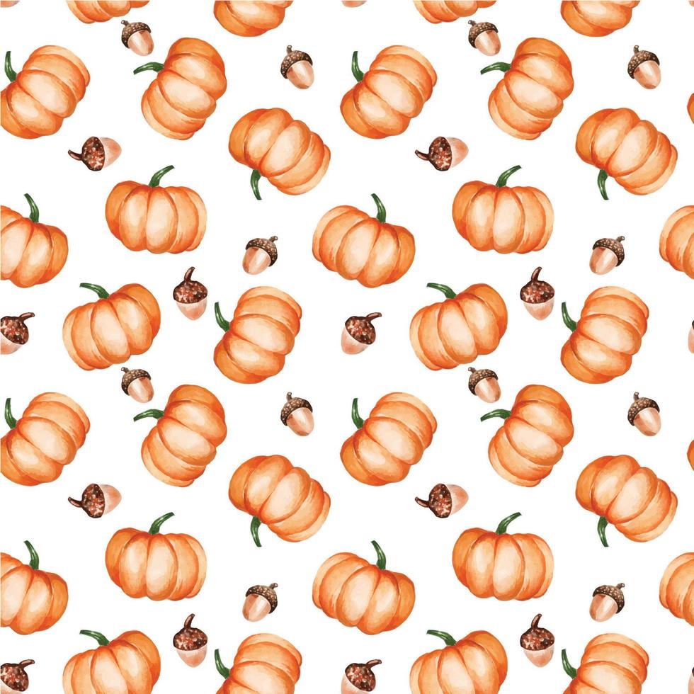 aquarela sem costura padrão com abóboras laranja fofas e bolotas. impressão de outono isolada em abóboras festivas de fundo branco e bolotas, plano de fundo para o halloween, ação de graças. vetor