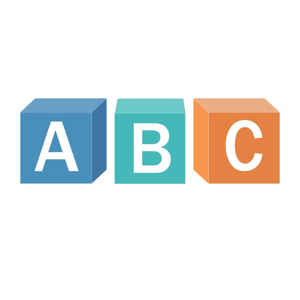 cubos de alfabeto de madeira com letras a, b, c, ilustração isolada de vetor de cor
