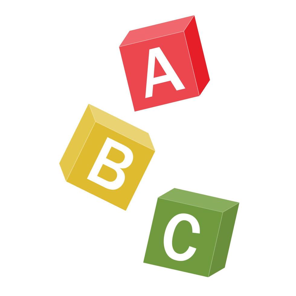 cubos de alfabeto de madeira caindo com letras a, b, c, ilustração isolada de vetor de cor