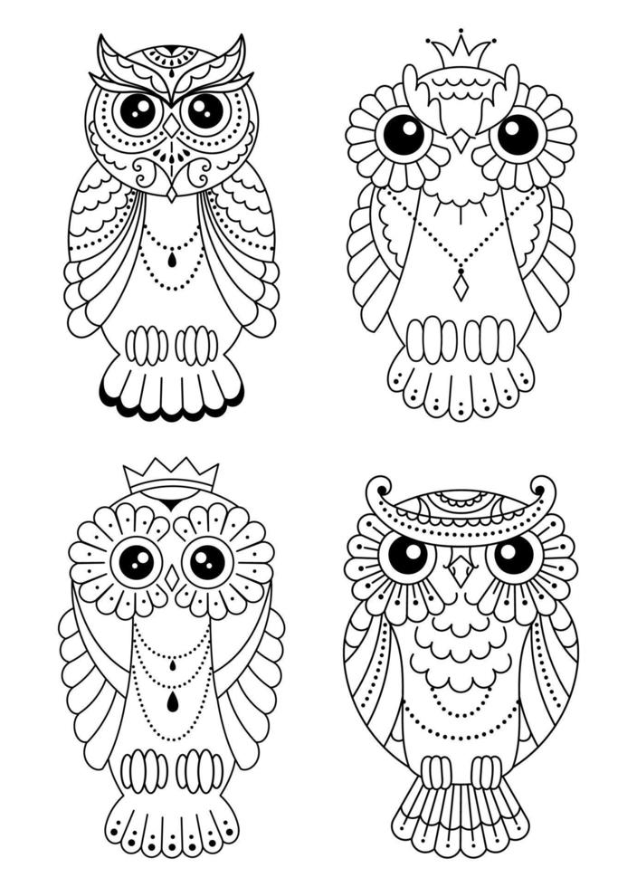 conjunto de coruja zentangle mágica estilizada, ilustração de doodle para colorir. pássaro selvagem decorativo. contorno preto sobre fundo branco vetor