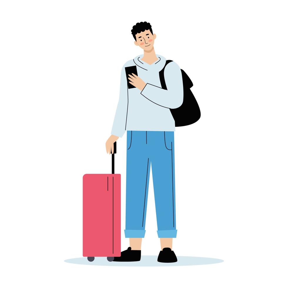 cara jovem com bagagem no aeroporto. viagens, conceito de férias. ilustração vetorial em estilo simples, isolado no fundo branco. vetor